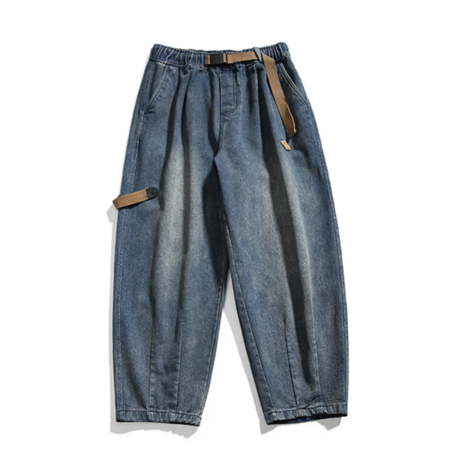 Mens Vintage Jeans Streetwear Harajuku Belt Decoration Denim Trousers Men Oversized Japan Style Baggy Casual Jeans Pants Unisex