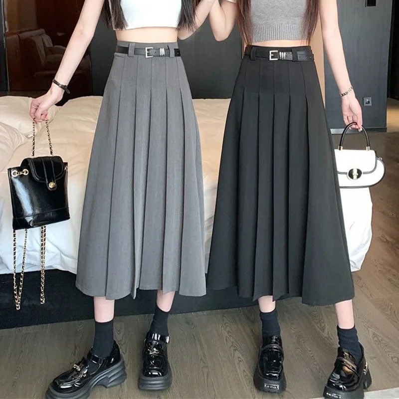 2025 New Summer Girls Concise Mid-Long JK Skirts Female Solid Color Basic A-line Dress Women Classic Korean Daily Pleated Skirts