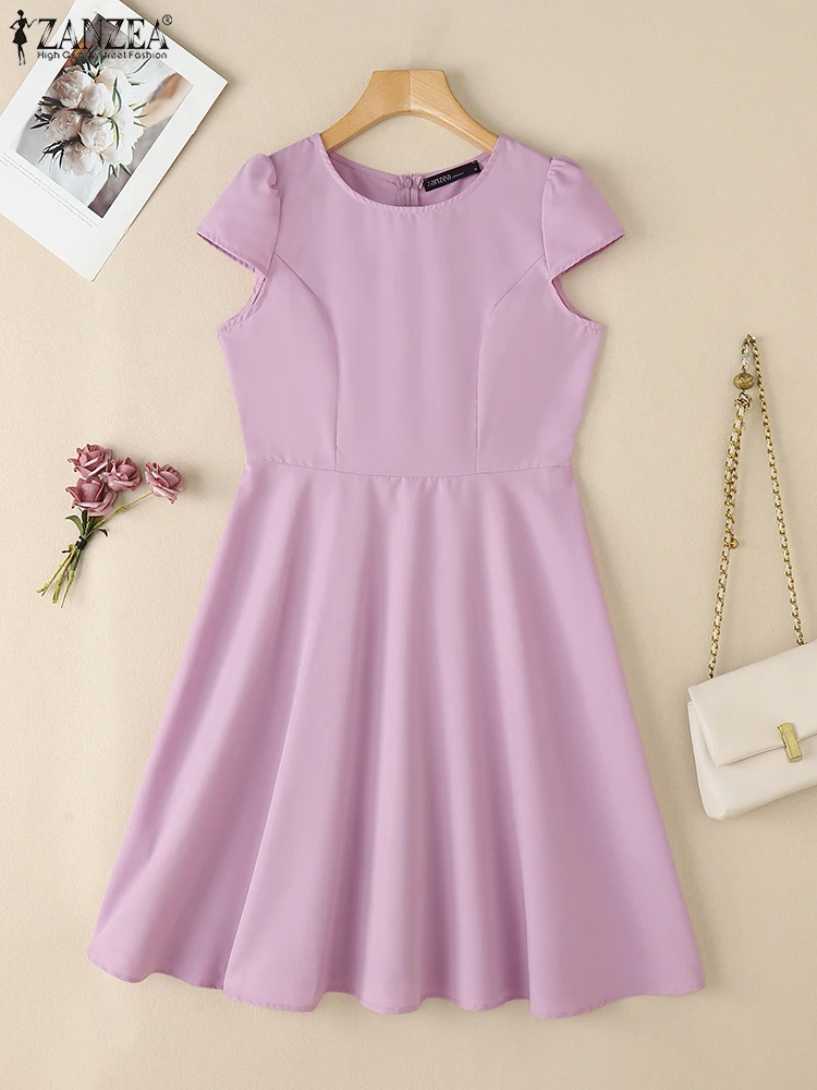 ZANZEA Casual Frau Vestidos Mode Kurze Flügel Hülse O-ansatz Hohe Taille Knielangen Kleider 2025, Sommer Elegante A-linie Roben
