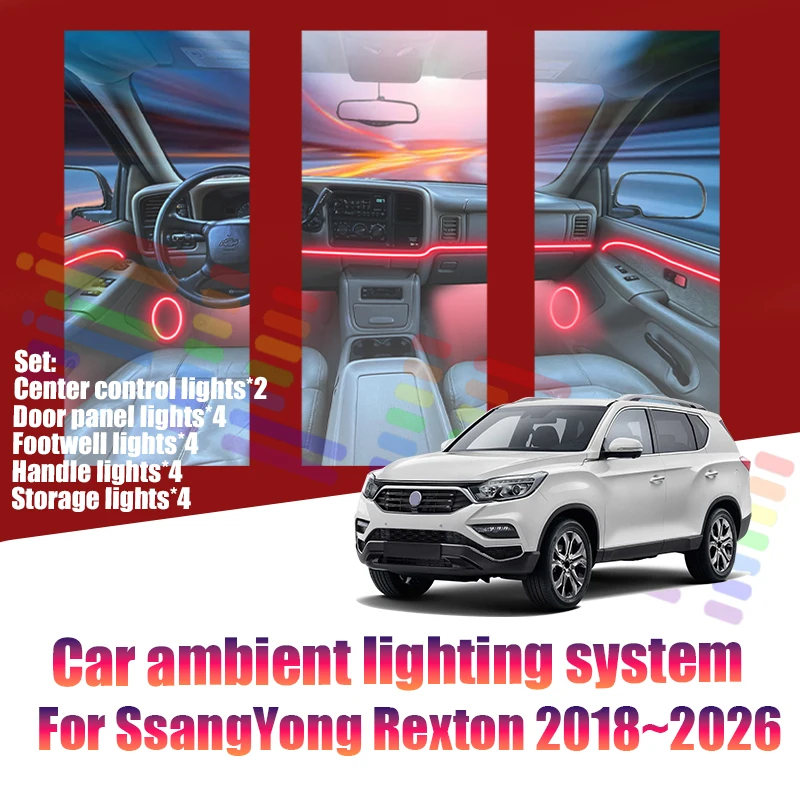 Luces LED Ambientales para SsangYong Rexton 2018~2026 Y400, Luces de Atmósfera Coloridas, Tira de Neón Interior para Auto, Iluminación RGB de 64 Colores