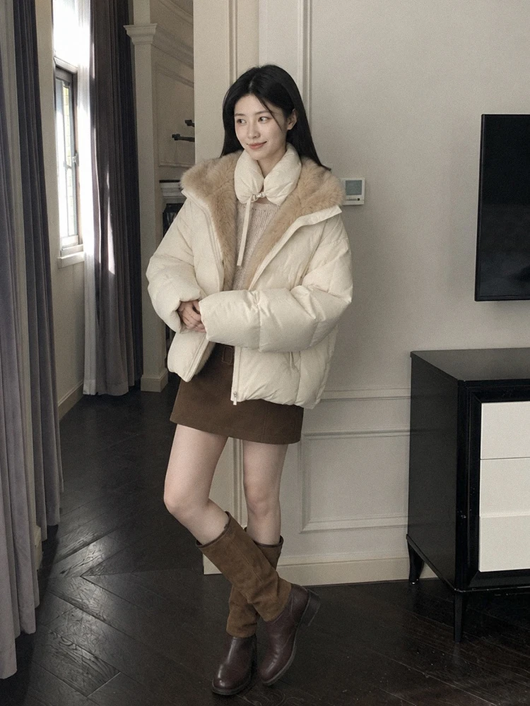 Winter Detachable Scarf Puff Fluffy Down Jacket Women White Duck Down Double Zipper Outwears Female Short Warm Thick Down Jacket