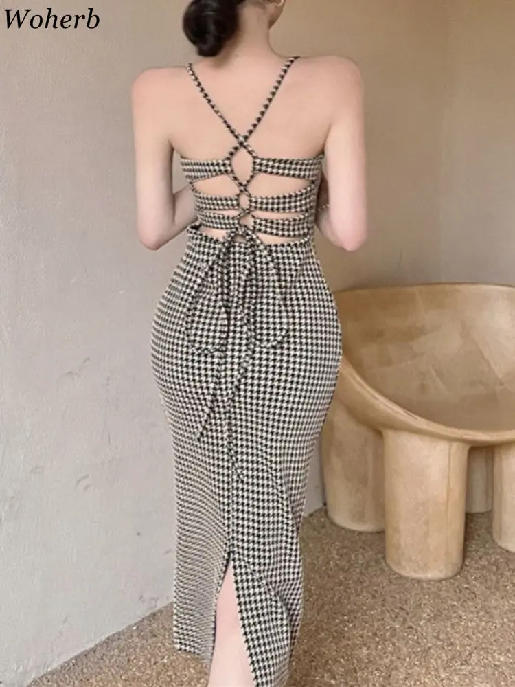 Summer Houndstooth Women Temperament Dress Vintage Slim Waist Sleeveless Female Midi Dresses New Party Backless Bandage Vestidos