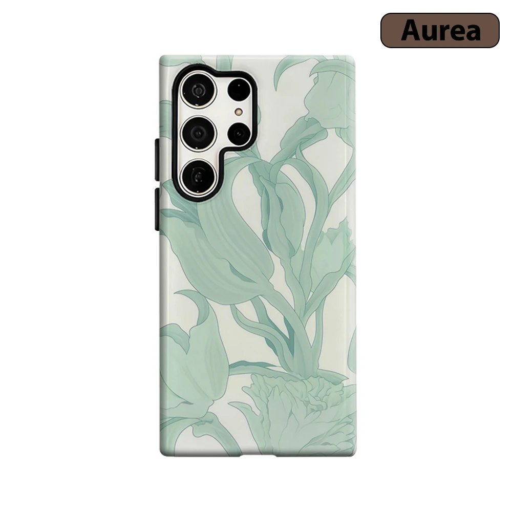 Weiche Minzgrüne Blumenmuster Handyhülle für Samsung Galaxy S25 Ultra S24 S23 Ultra Plus Stoßfeste Doppelschicht Robuste Rückabdeckung