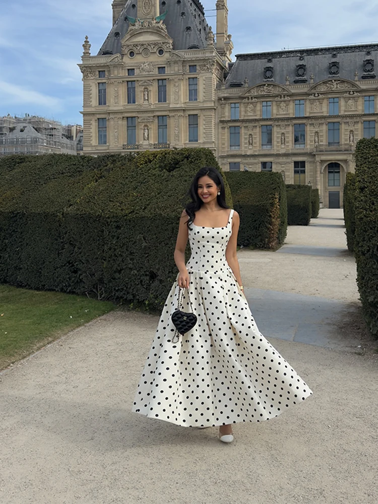 EU SIZE Spring and Autumn French Gentle Square Neck Wave Point Collection Waist Large Swing Strap Dress Woman