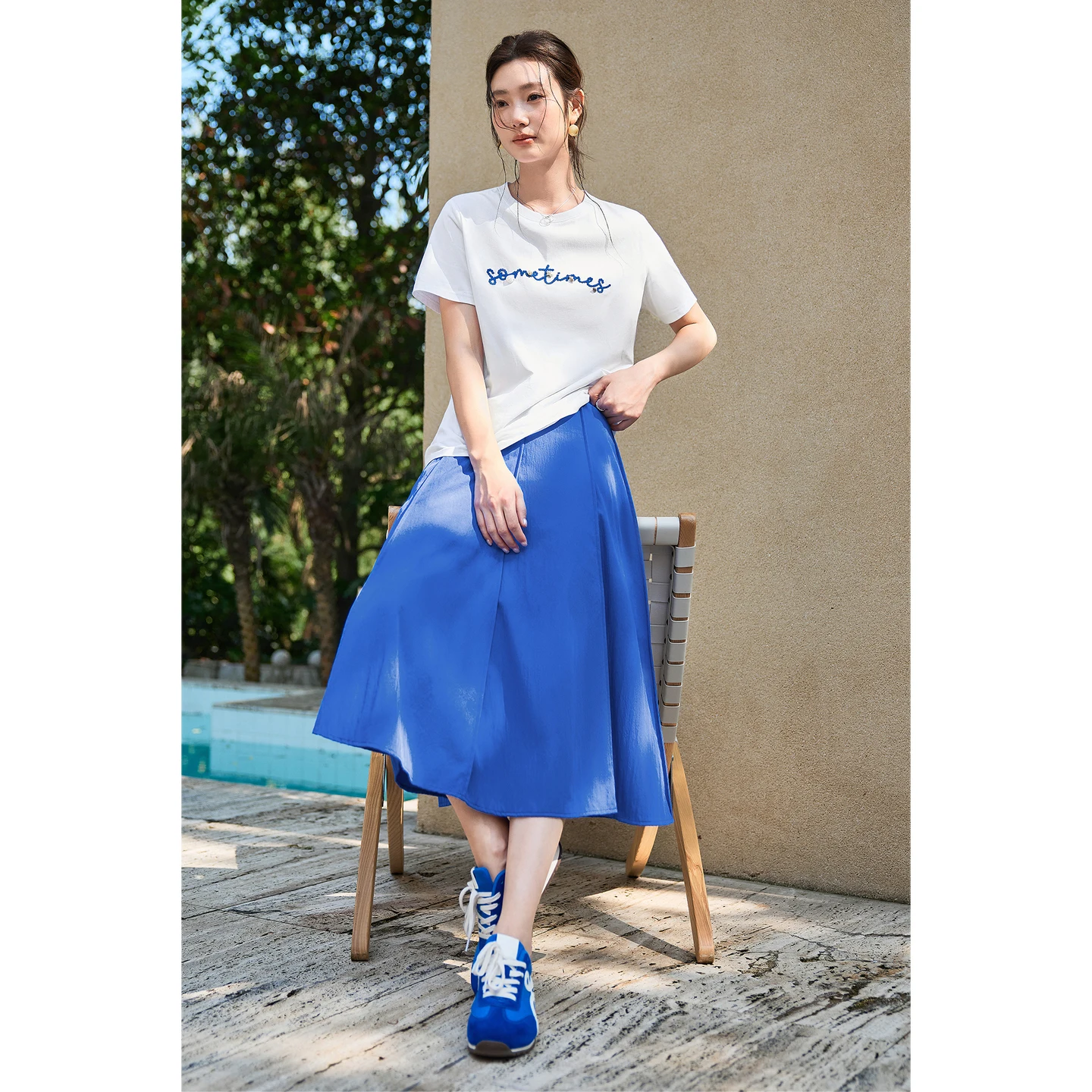 SENTUBILA Women 100% Cotton Summer Outfit 2026 Embroidery White T Shirt + Elastic Waist Midi Skirt Woman Two Piece Set 162ZL6933