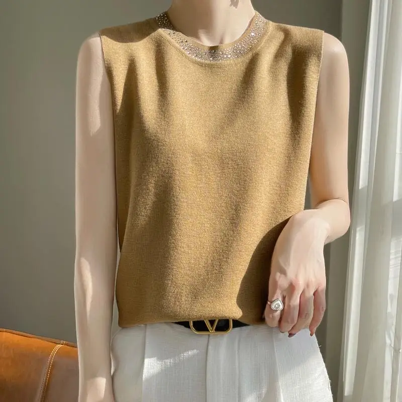 رداء علوي من دون أكمام للنساء 2025 الربيع الصيف الديكور س الرقبة أكمام تانك القمم الملابس الداخلية الكورية قاع محبوك المرأة تانك القمم #1