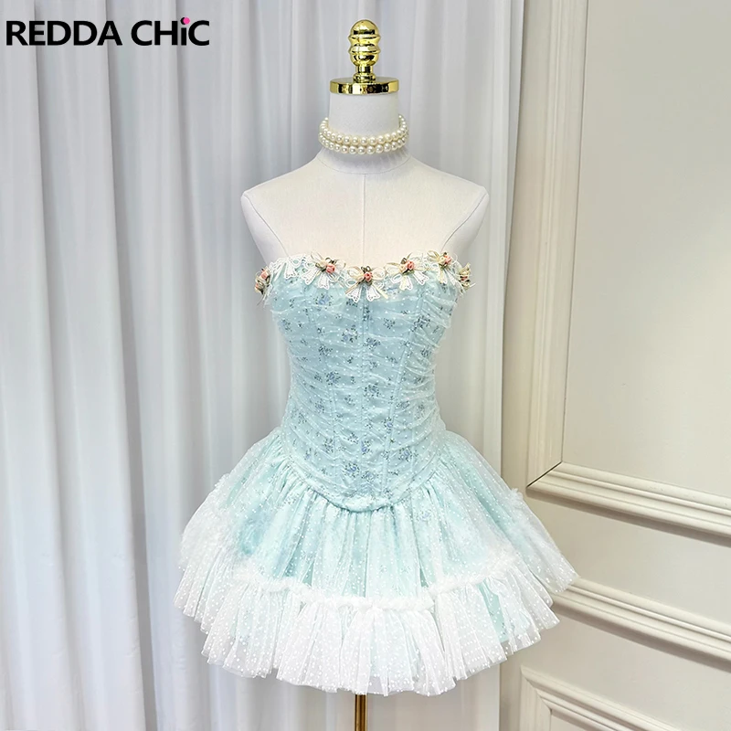 

Платье ReddaChic Cutecore с цветочным принтом для вечеринок, с аппликацией, приталенное, с корсетом, пэчворк, кружевное, с пышными оборками, мини-платье, ретро, летняя одежда