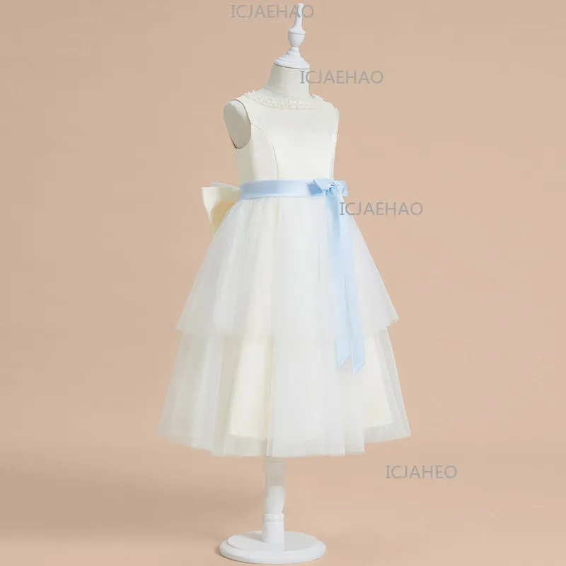 Kids Host Performance Evening Dress Children Violin Piano Birthday Party Flower Girl Wedding Simple White Princess Gown Costume