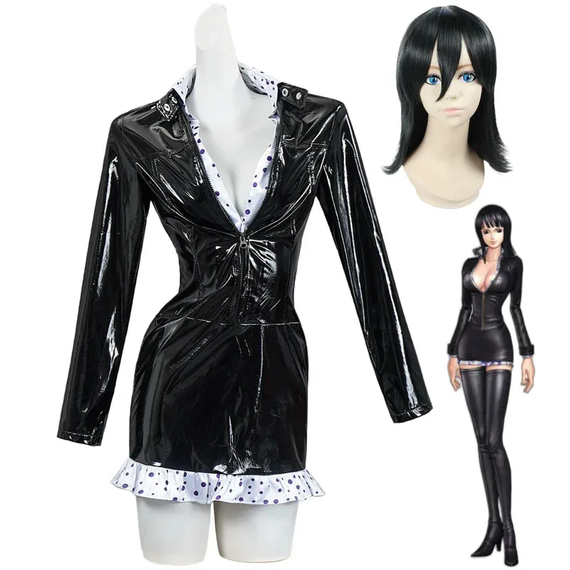 أنيمي نيكو روبن ملكة جمال كل الأحد تأثيري حلي أسود بولي PU ضيق المناسب فستان شعر مستعار الكبار امرأة مثير كرنفال هالوين البدلة olp؛ 4