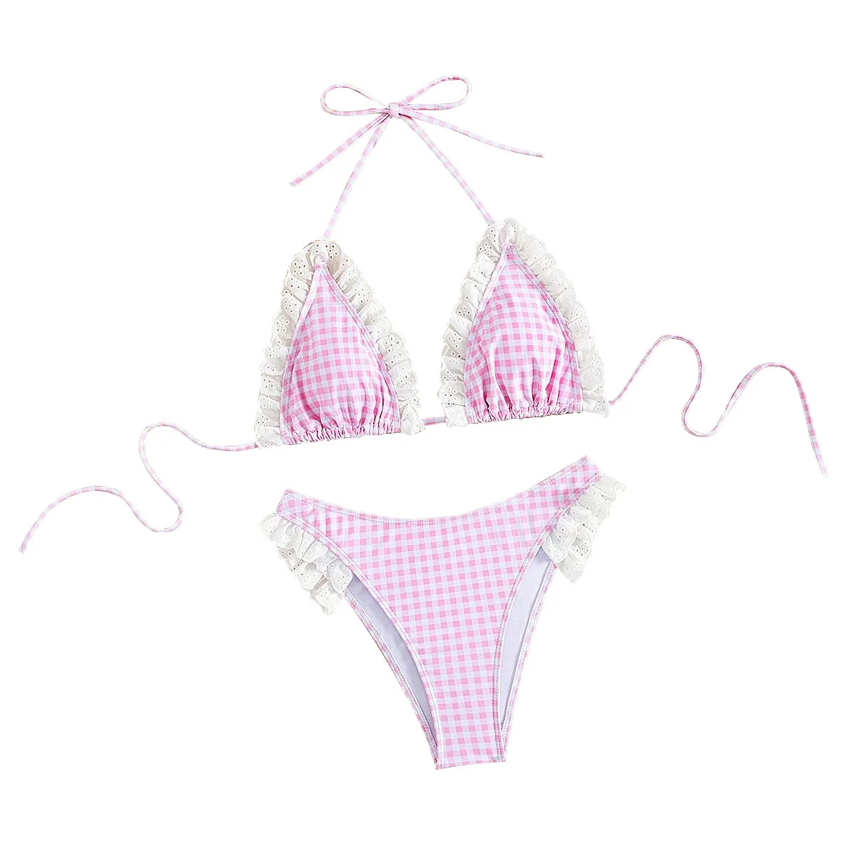 New Summer Lace Plaid Halter Bikini Ruffle Vacation Two-Piece Swimsuit Women's Swimwear