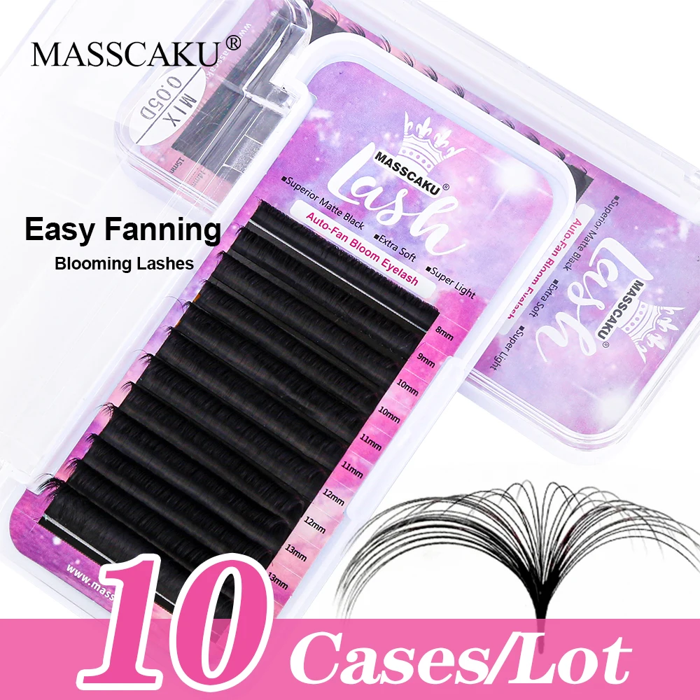 10cases/lot MASSCAKU 0.05/0.07/0.10mm 7-25mm&mix Fast Blooming Eyelash Easy to Bloom Private Label Unique Eyelashes Extension