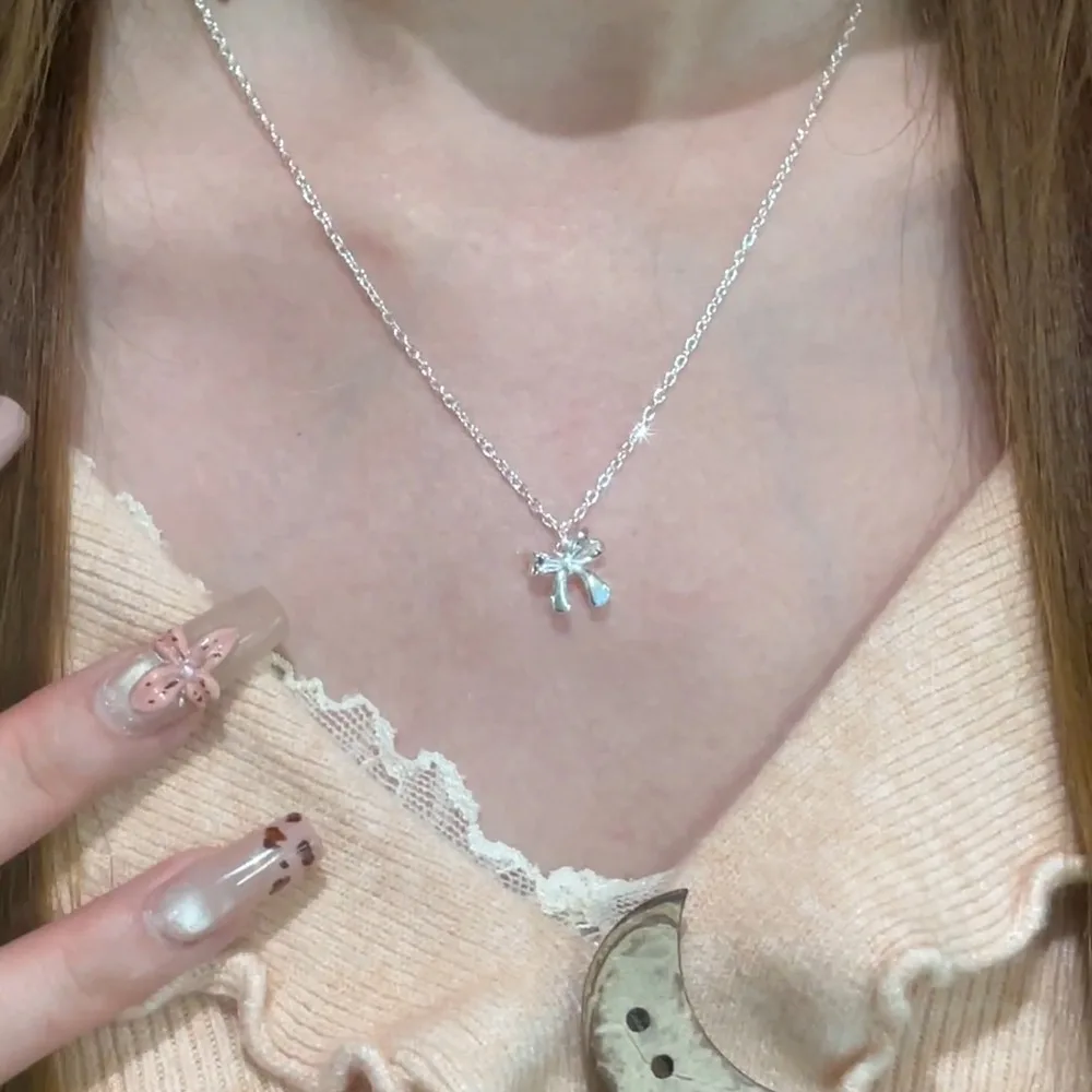 Korean Simple 925 Sterling Silver Bowknot Pendant Necklace for Women Sweet Collar Chain Valentine's Day Gift Jewelry Accessories