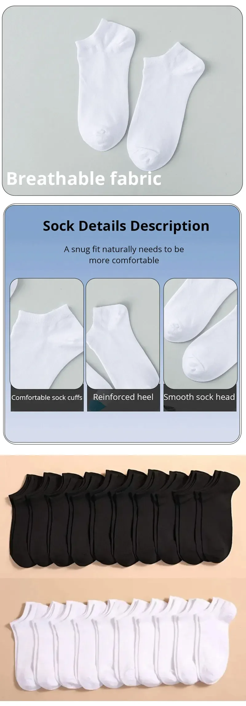 Lässige Unisex-Bootssocken | Dünn, atmungsaktiv und bequem | Geruchshemmend, schweißabsorbierend | Niedrig geschnittene Söckchen für Damen und Herren – Detail 2