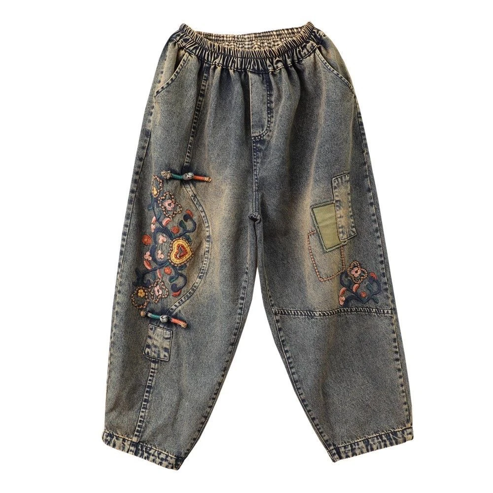 2000s Retro Jeans Artistic Embroidered  Button Denim Pants Spring 2026 Women's Loose Large Size Harlan Nine-Piece Trousers