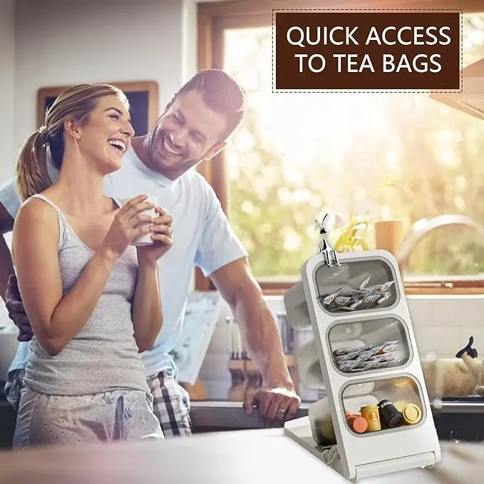 Teabag Storage Rack, Coffee Storage Box, Includes 3 Removable Storage Containers, Tilted Tiered Transparent Tea Rack 3