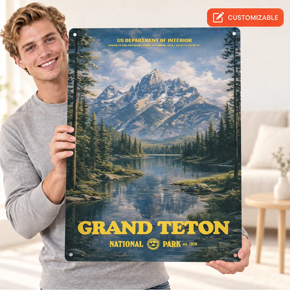 Grand Teton National Park Aluminum Poster Vintage Photographic Wall Art For Living Room Customized Metal Sign Cabin Owner Gift