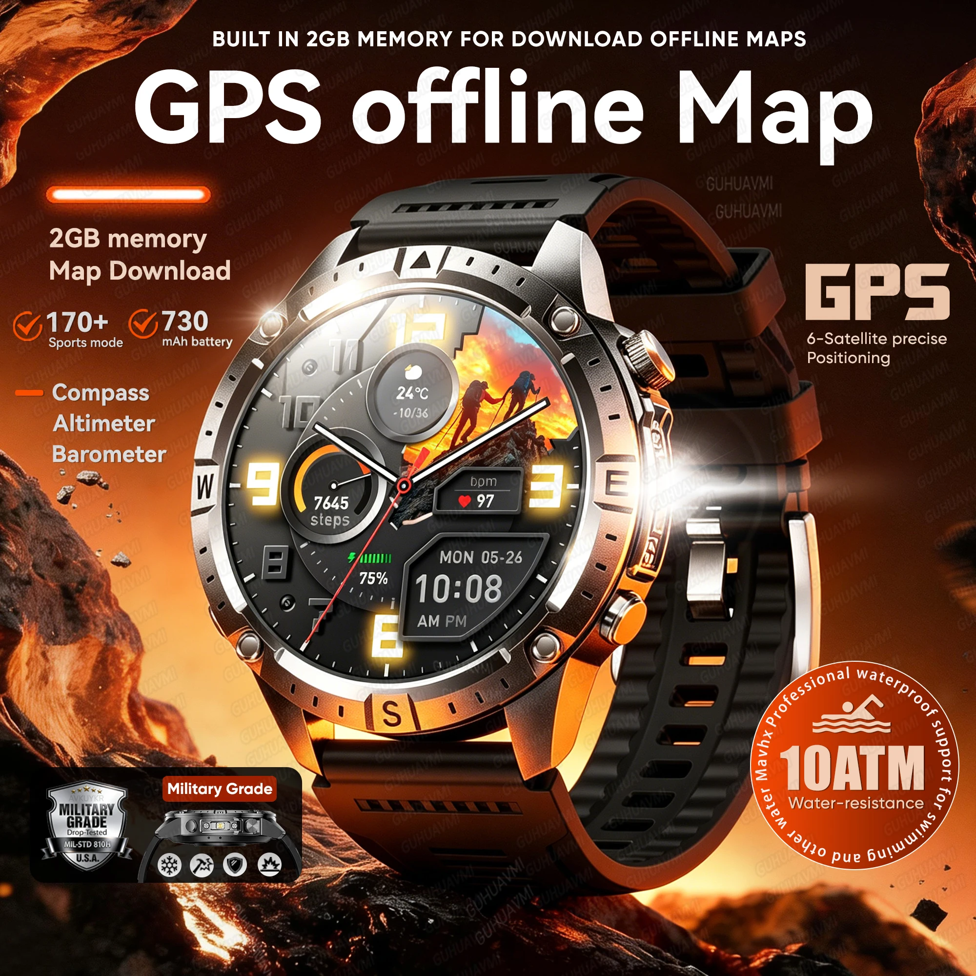 

Новые смарт-часы 2026 года для активного отдыха с офлайн-картами, GPS L1+L2 (двухдиапазонный), компасом, для велоспорта, бега, плавания, с измерением пульса, водонепроницаемость 10ATM, военные смарт-часы