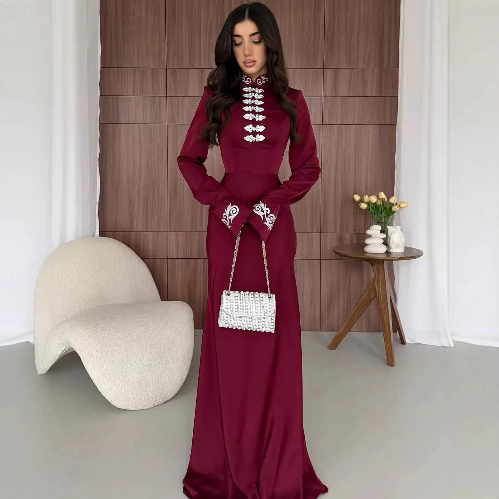 Dress Long Sleeve Mandarin Collar Frogged Slim Fit Dresses Spring Summer
