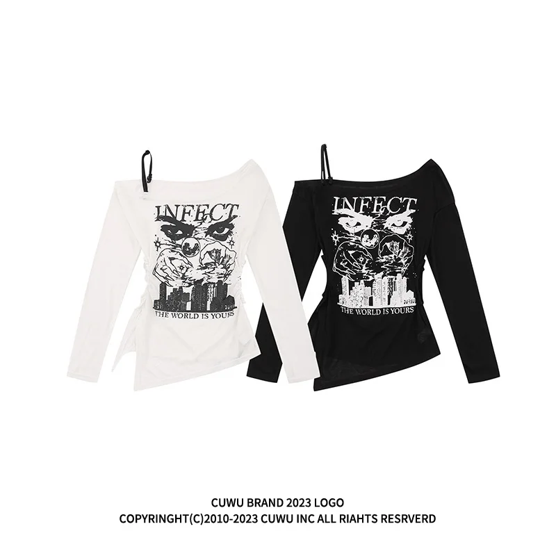 

Cuwu Unique Design ort Sve Women's T-irt Slim Fit Long Sve Street Sle Creative Print round Ne Summer Top