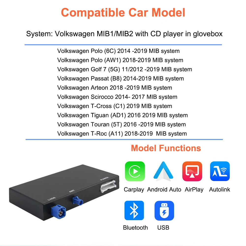 Bonroad Kabelloses Carplay Android Auto Modul Airplay AutoLink Mirror für VW Volkswagen MIB MIB2 Golf 7 Polo Passat B8 Tiguan Box – Detail 4