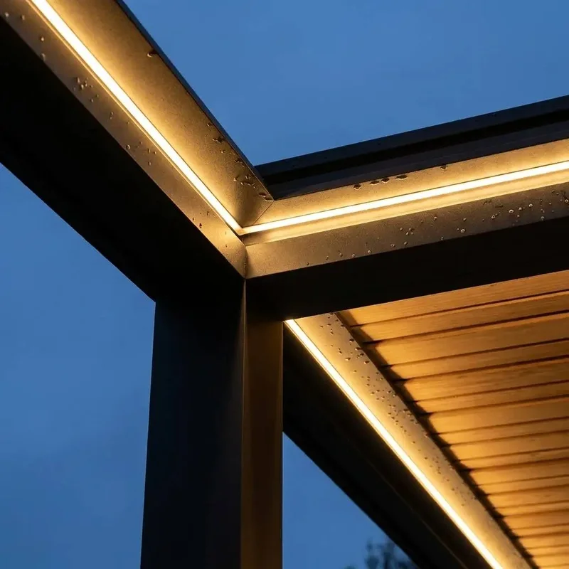 Modern Aluminum Pergola Windproof Screen Integrated LED Strip Lights Eco-Friendly Balcony Backyard Patio Deck Lounge