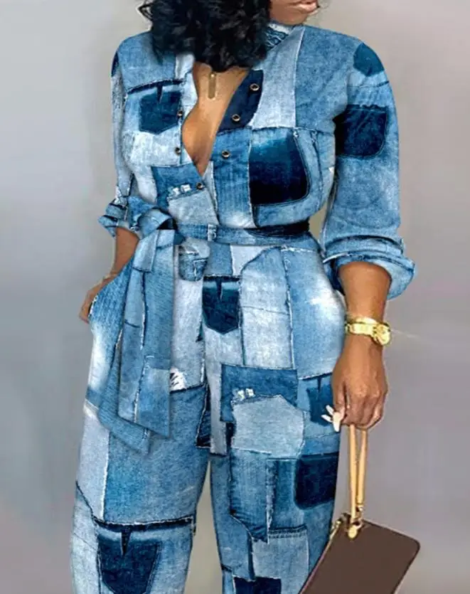 Long Jumpsuit with Belt 2024 Summer Women Elegant Sexy Turn-Down Collar Denim Look Print Long Sleeve Belted Daily Work Jumpsuit