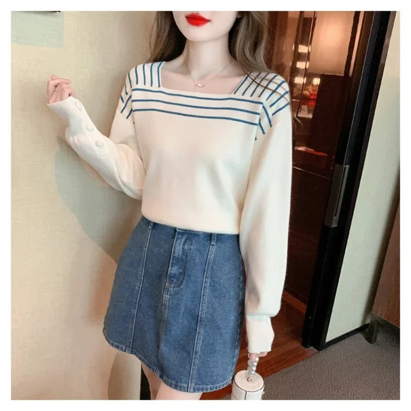 Autumn Winter Flattering Square Collar Striped Women\'s Clothing Pullover Lantern Long Sleeve Sweater Knitted Screw Thread Tops