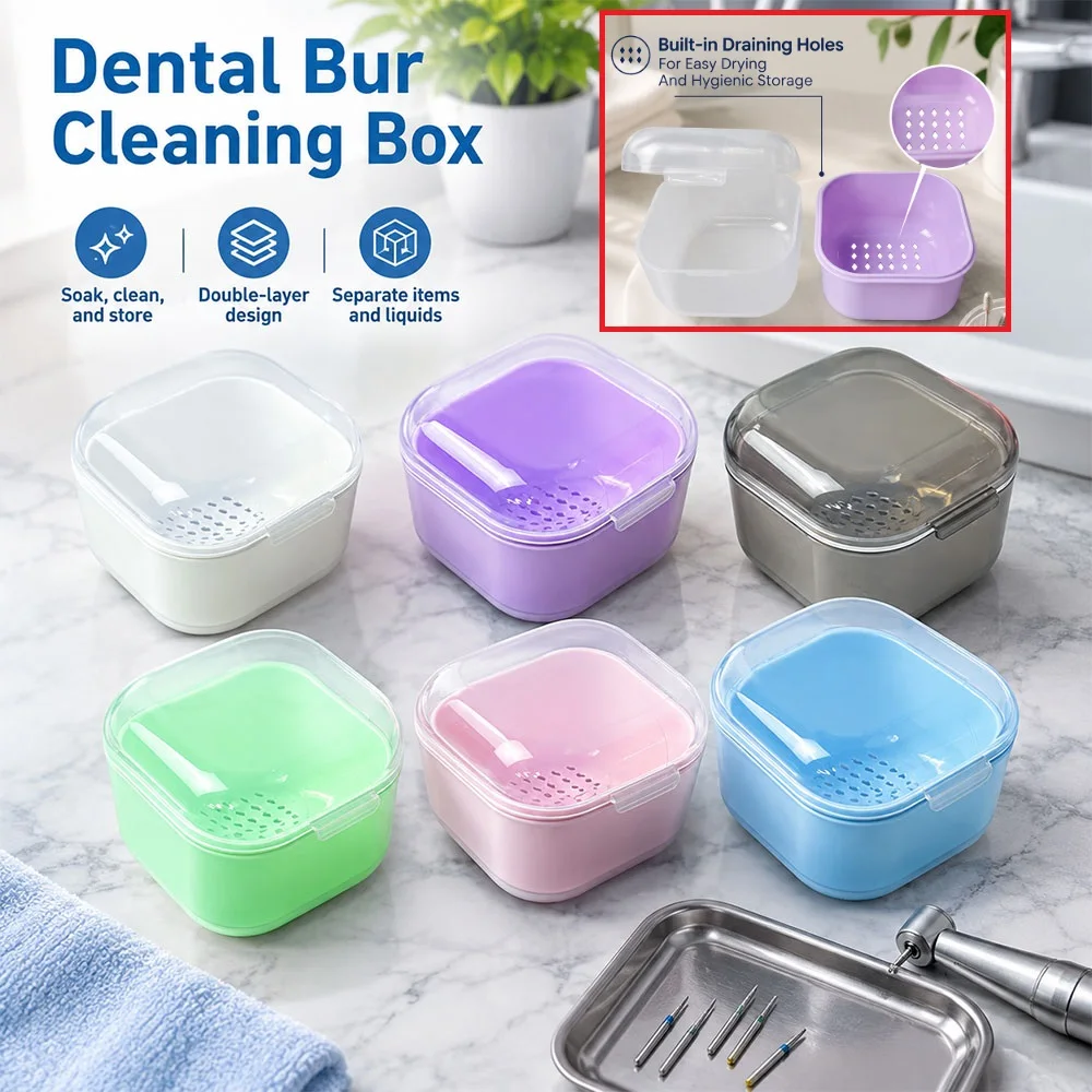 2pcs Dental Bur Nail Drill Bits Disinfection Box Double Layer Cleaning Soaking Box Drain Basket Sterilization Storage Container