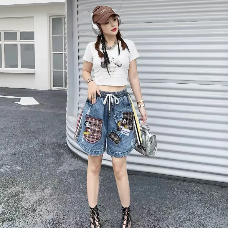Summer New Korean Style Loose Versatile Cartoon Print Denim Shorts Women Hot Pants Ins Trend Elastic Waist Blue Denim Shorts