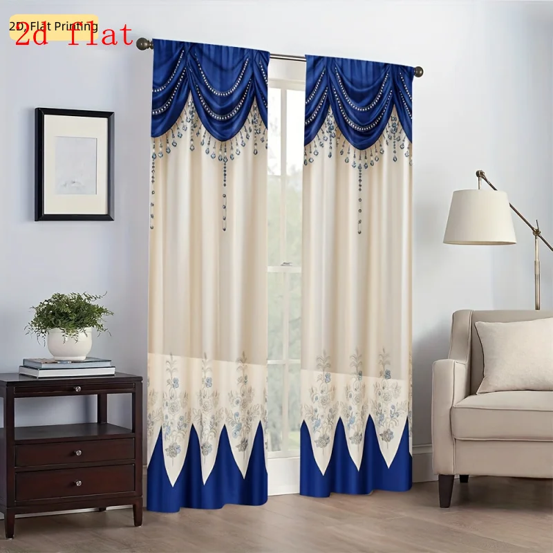 Elegant Royal Blue Floral Curtains Set Pair for Living Room Bedroom Drapes Swag Valance Beige Window Curtains Panels Home Decora