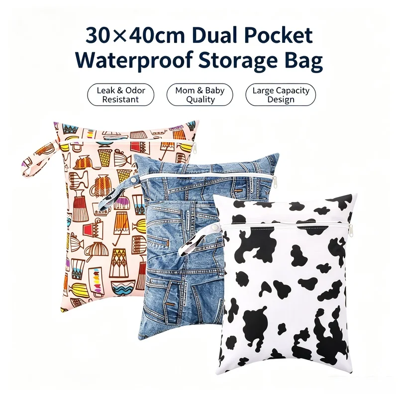 Large Size 40x30cm Baby Diaper Bag Double Pocket Waterproof Colorful Zipper Storage Pouch Large Capacity Hanging Wet Dry Bag