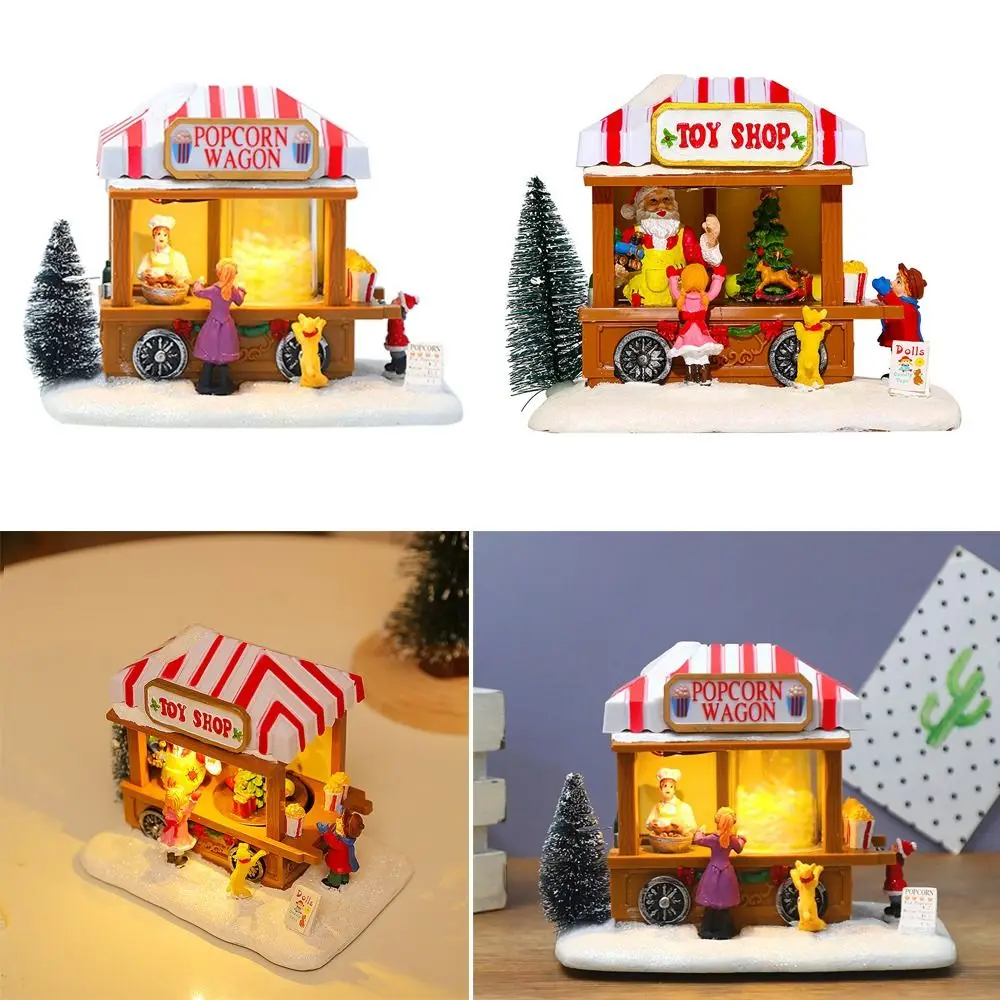 Resin Christmas Ornaments Popcorn Wagon Festival Scene Musical Village Scene Decor LED Lights Snowy View