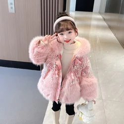 2023 girl sweater fur coat winter new Korean version of sequined fur coat pink girl warm and velvet padded imitation fur coat