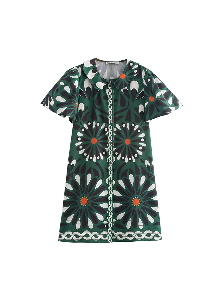 

European and American style women's clothing new 2024 fashion round neck short sleeve slim geometric print dress