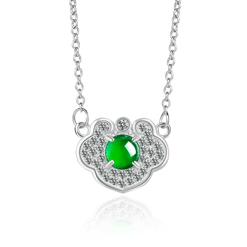 

Натуральный жадеит Ян зеленое яйцо поверхность безопасный желаемый замок S925 серебряная инкрустация кулон ледяной нефрит женская мода кулон комплект цепочка