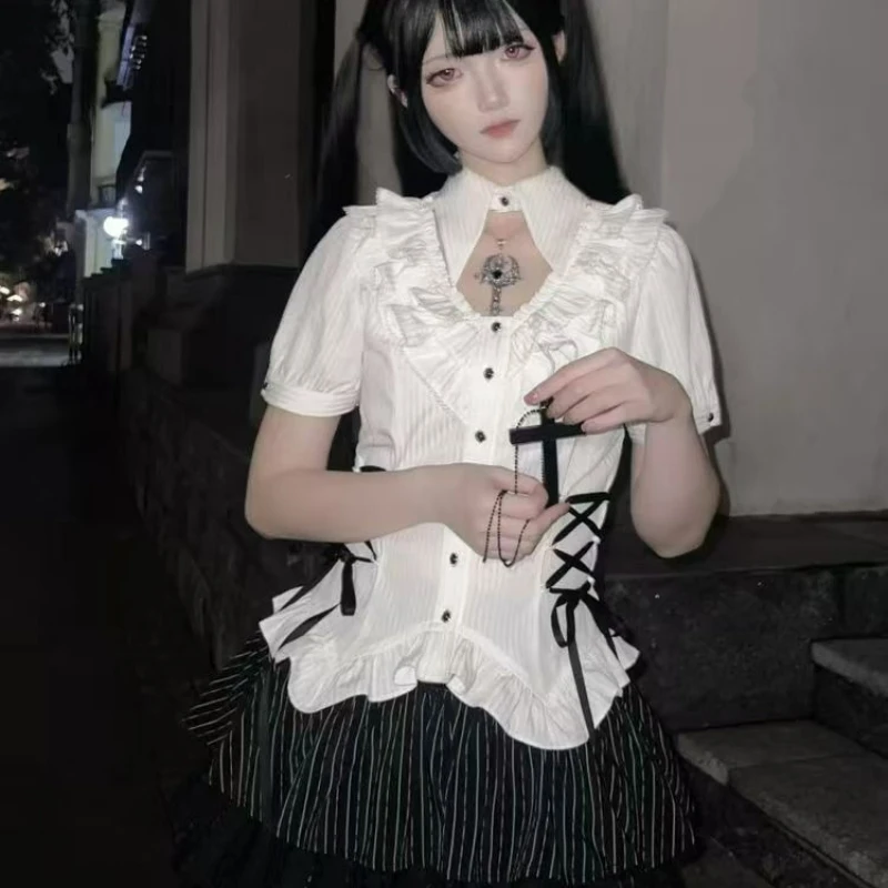 Japanese Gothic Style Lolita 2 Piece Sets Women Sweet White Bandage Blouses High Waist Bow Stripe Mini Skirts Kawaii Y2k Outfits view 4