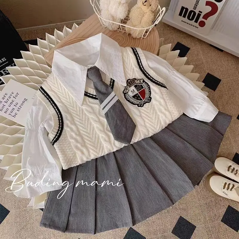Girls' College Style 3-Piece Set Short Skirt Shirt  Sweater for Spring/Autumn  Preppy School-Themed Children's Outfit