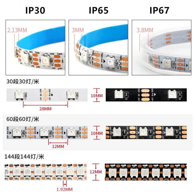 Taśma Led DC 5V RGB WS2812B indywidualnie adresowalna 1m - 5m 2812 inteligentne piksele wodoodporna IP30/65/67 Led Light czarny biały PCB