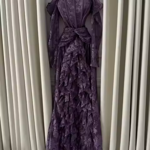 Oisslec Prom Dress Elegant Vintage Sweet Purple Lace Boat Neck Ruffle Customized Formal Occasion Prom Dress Evening Party Gowns
