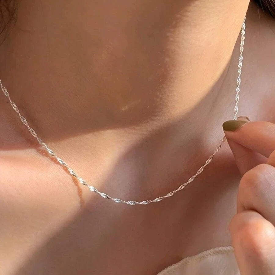 Exquisite Silver Color Stainless Steel Water-wave Thin Chain Necklace for Women Simple Ripple Clavicle Collier Female Jewelry