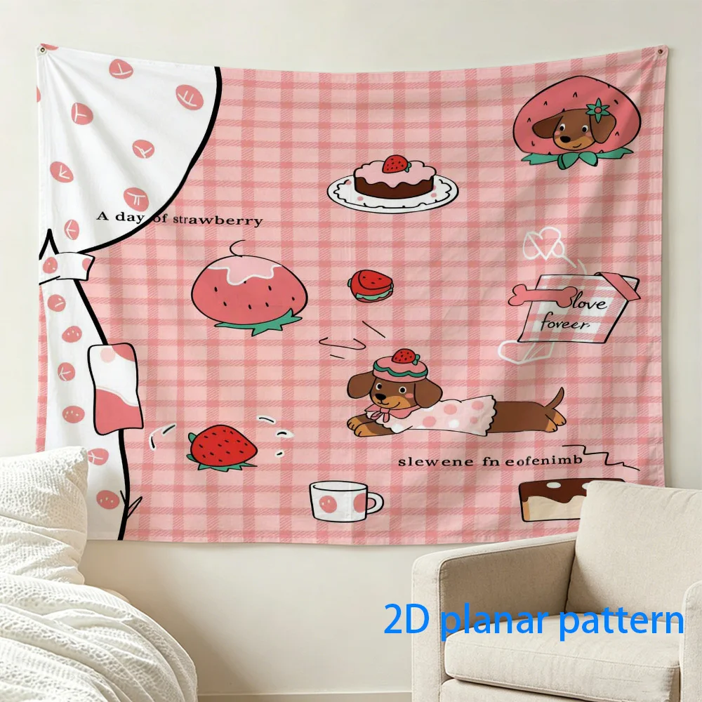 Pink Strawberry Puppy Tapestry, Cute Dog Pattern Wall Hanging, Sweet Dessert Decor, Kawaii Grid Background Cloth for Bedroom