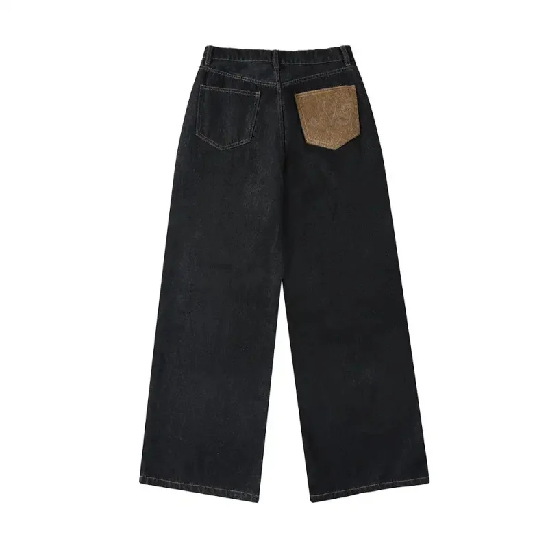 

Loose Wide-Cut Black Jeans For Men Japanese Style 2026, Trendy Style With Patchwork Pockets, Luxury Fashion Denim Pants