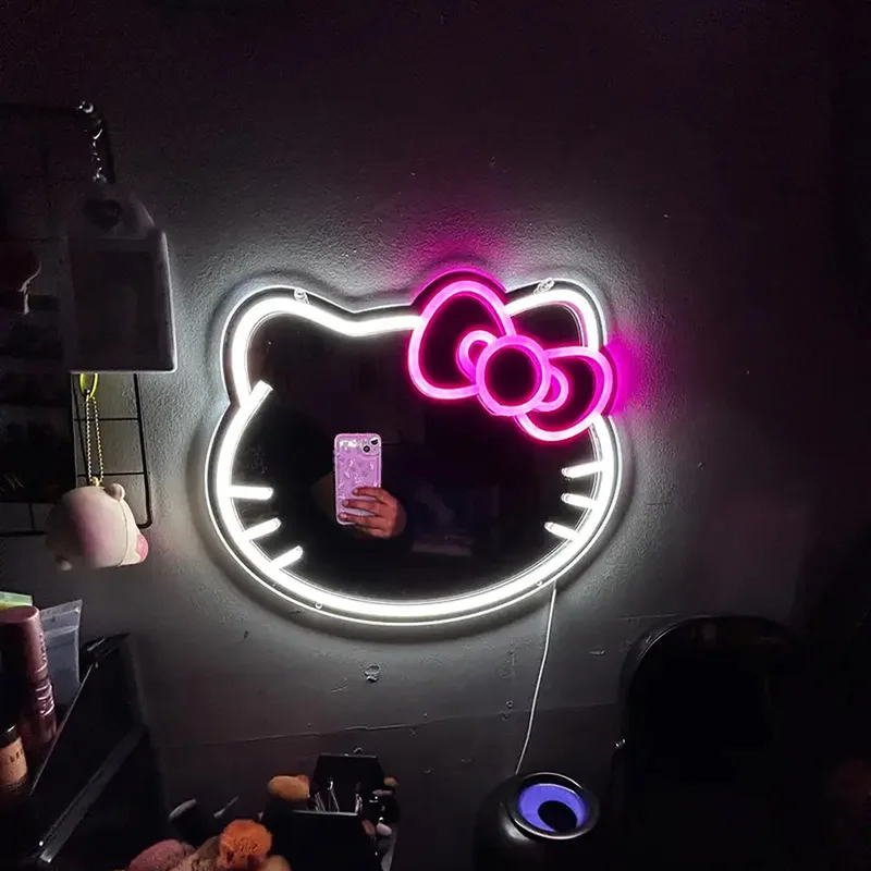 Sanrio Hello Kit Anime Peripheral Mirror Neon Light Room Decoration Bedroom Birthday Halloween Christmas Gift Girl Heart Mirror