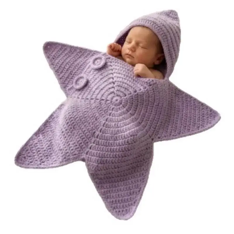 Handmade Crochet Star Shaped Newborn Swaddle Outfit Soft Hood For Infant Photoshoots