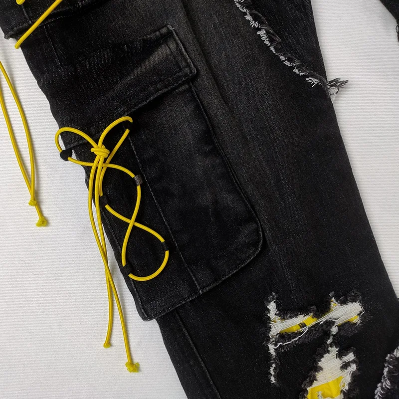 กางเกงยีนส์ผู้ชายสไตล์เรโทรขาดๆ หลายกระเป๋า กางเกงคาร์โก้แฟชั่นทรงสลิม ขาสั้น