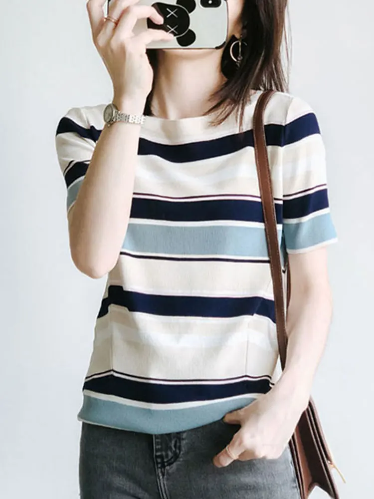 

Tops Women 2022 Summer Striped Knitted T-shirts Short Sleeve Slash Neck Korean Fashion Women's Vintage Clothes T shirts Female