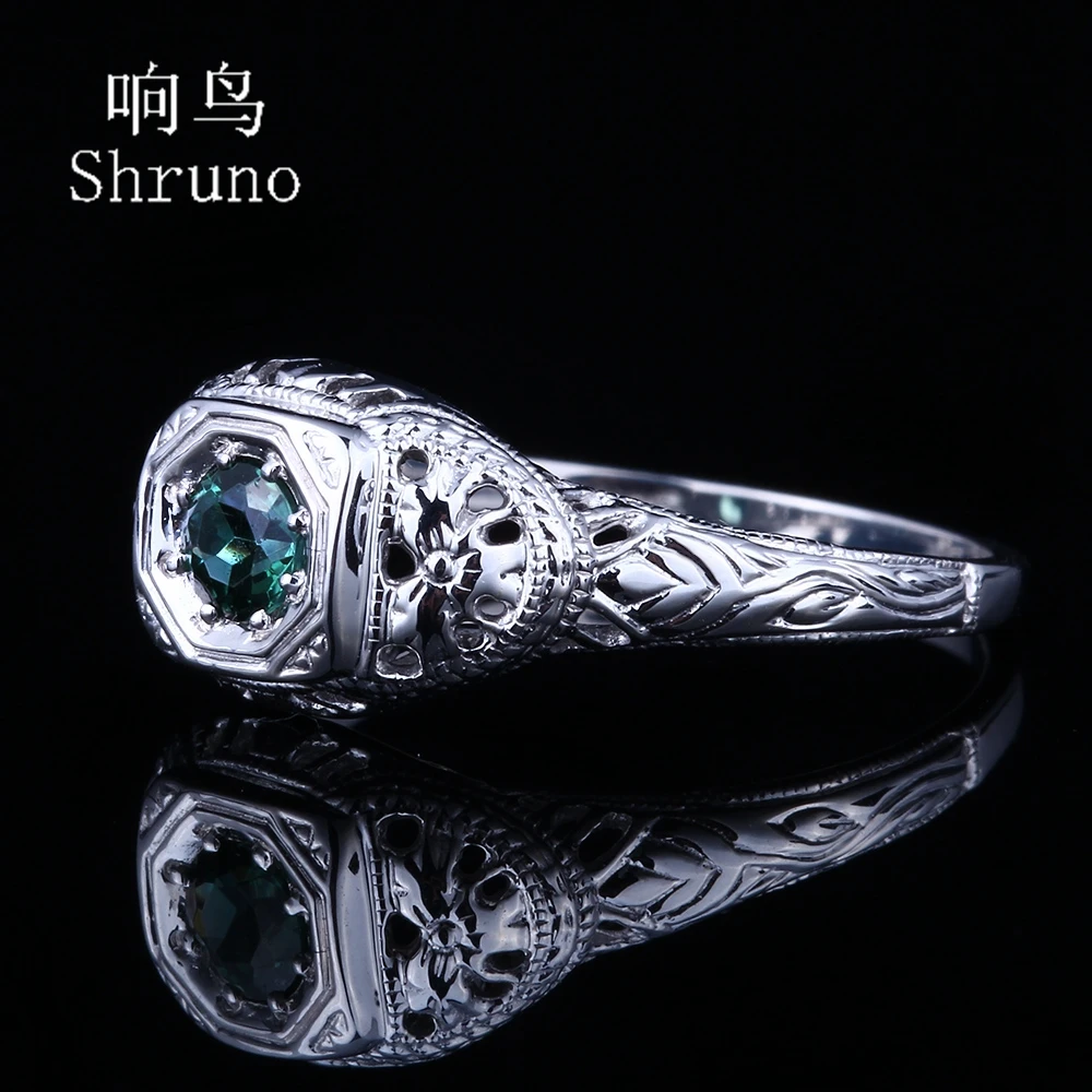 Shruno Real Solid 14k White Gold Round 4mm Verdant Green tourmaline Engagement Ring Women Vintage Elegant Fine Jewelry