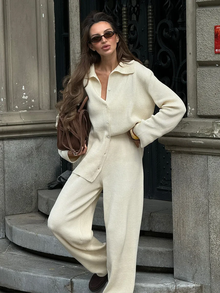 

DSMTRC Autumn Casual Knit 2 Piece-Set Women's Loose Trousers Sets Ribbed Lapel Cardigan Sweater And Solid Women Pants Tracksuits