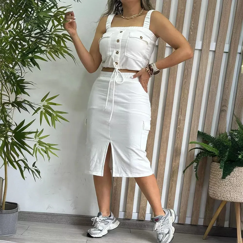 Drawstring Pocket Cami Top & Slit Skirt Set Women Two Piece Set Dress Sets Sleeveless Short Tops Long Skirts Elastic Waist 2024