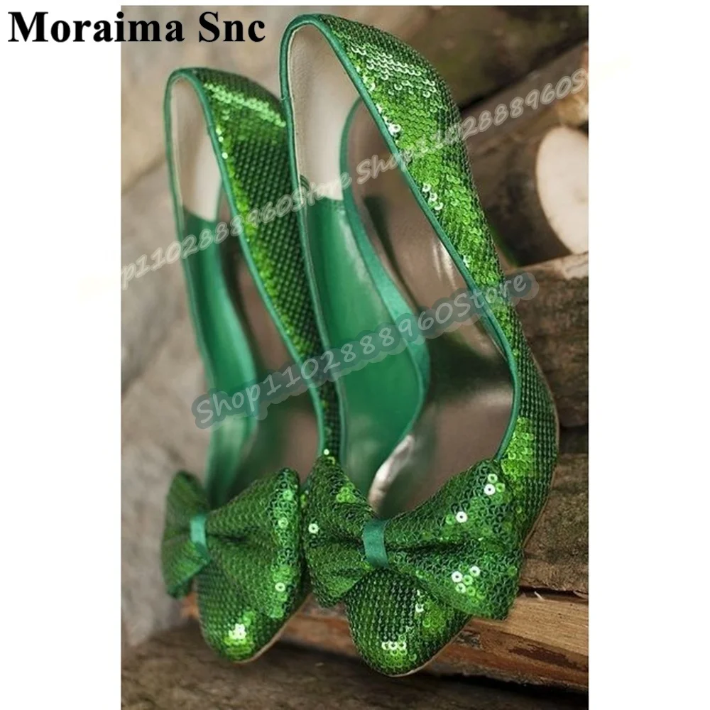 

Blingbling Green Sequins Bowknot Pumps Stilettos High Heel Shoes For Women Slip On Round Toe Party Fashion Zapatos Para Mujer